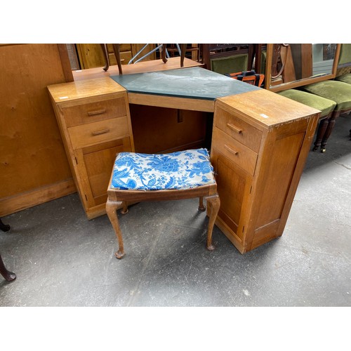 409 - Mid Century leather topped corner desk with reupholstered piano stool