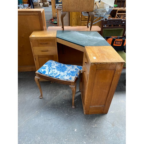 409 - Mid Century leather topped corner desk with reupholstered piano stool