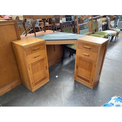 409 - Mid Century leather topped corner desk with reupholstered piano stool