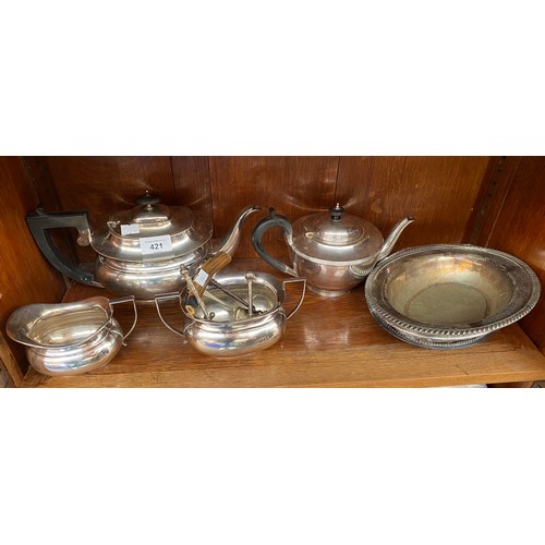 421 - A Shelf of Silver plated ware includes 4 piece silver plated tea service