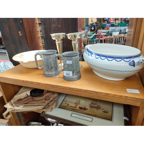 420 - A Selection of collectables includes silver plated fluted vases, vintage tankards, selection of  Gra... 