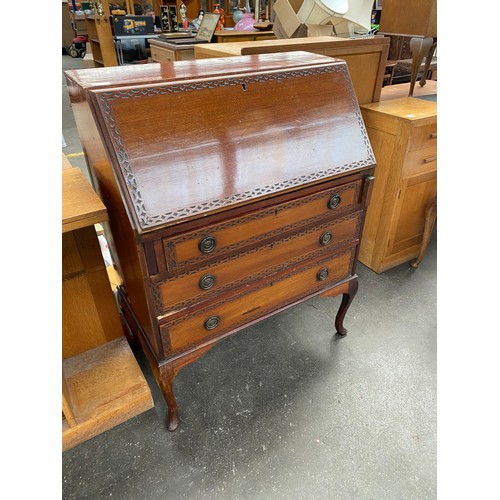 413 - Three drawer writing bureau on cabriole legs