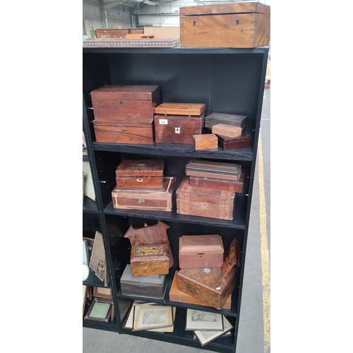 429 - Large collection of antique document boxes, writing slope, tea caddy together with shelf of Victoria... 