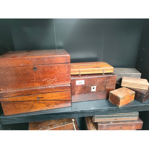 429 - Large collection of antique document boxes, writing slope, tea caddy together with shelf of Victoria... 