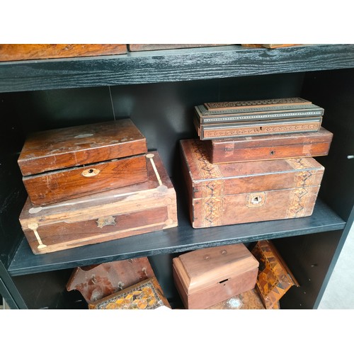 429 - Large collection of antique document boxes, writing slope, tea caddy together with shelf of Victoria... 