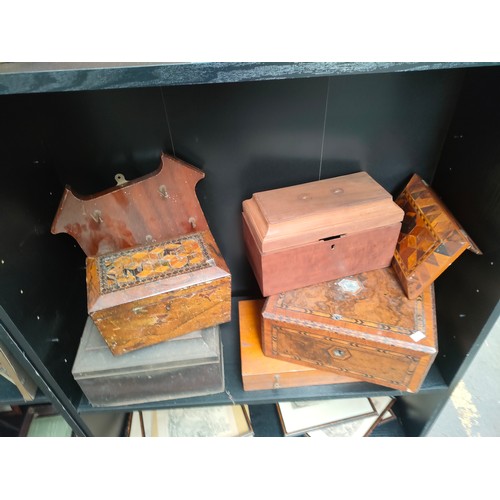 429 - Large collection of antique document boxes, writing slope, tea caddy together with shelf of Victoria... 