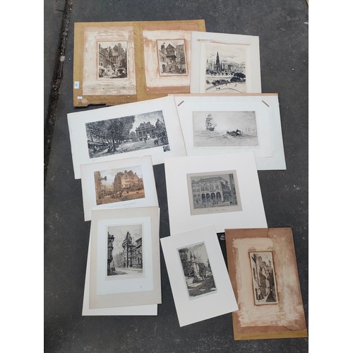 437 - Selection of antique unframed engravings and etchings to include 