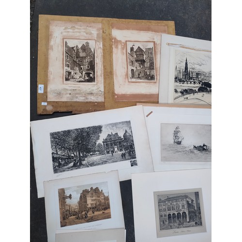 437 - Selection of antique unframed engravings and etchings to include 