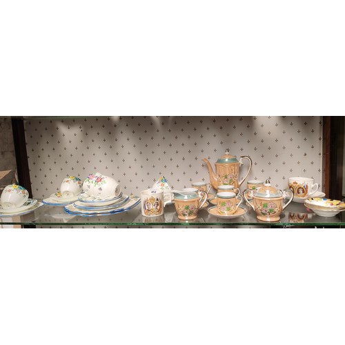 452 - Shelf of tea ware to include art deco Gladstone tea set and royalty ware.