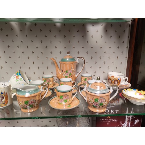 452 - Shelf of tea ware to include art deco Gladstone tea set and royalty ware.