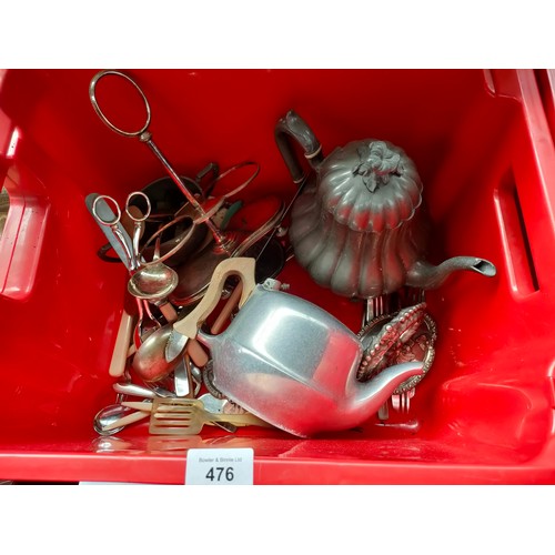 476 - Box silver plated ware, pewter tea pot and cutlery.