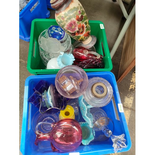 478 - Two boxes of art glass to include Victorian glass oil lamp base, Victorian cranberry glass jug, milk... 