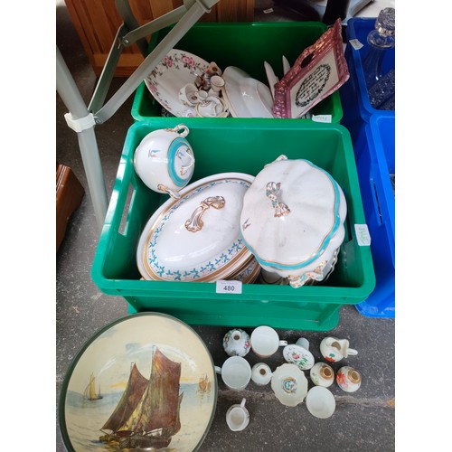 480 - Two boxes of collectable porcelain and dinner ware to include large Royal Doulton Fishing Boats bowl... 