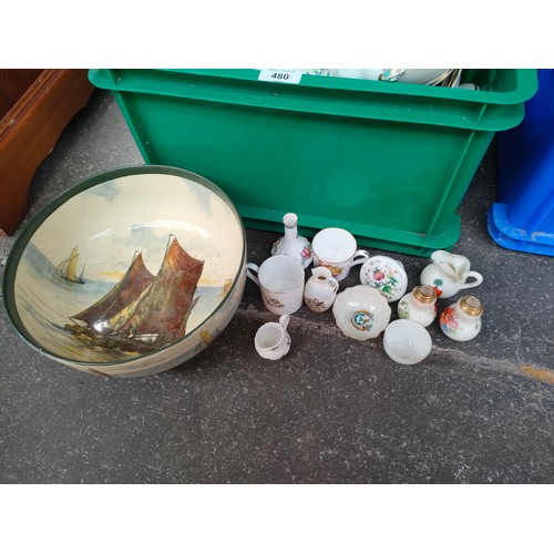 480 - Two boxes of collectable porcelain and dinner ware to include large Royal Doulton Fishing Boats bowl... 