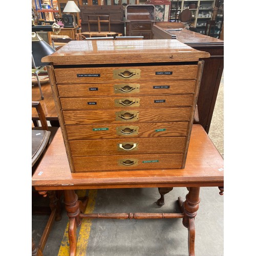 498 - Large oak military style campaign 7 drawer canteen cutlery chest.