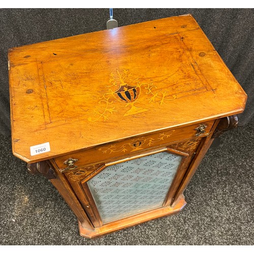 527 - Antique Edwardian music cabinet, urn inlaid top section, glass door front, interior fitted shelves. ... 