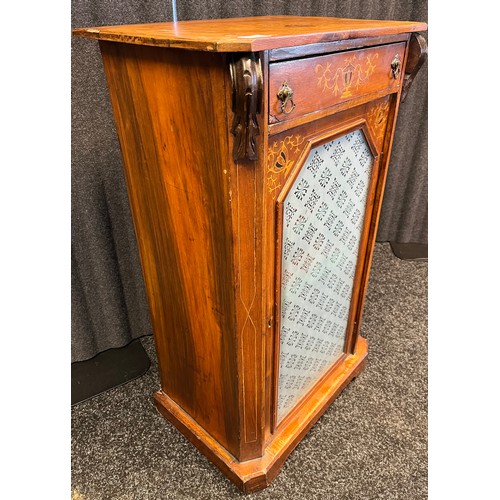 527 - Antique Edwardian music cabinet, urn inlaid top section, glass door front, interior fitted shelves. ... 