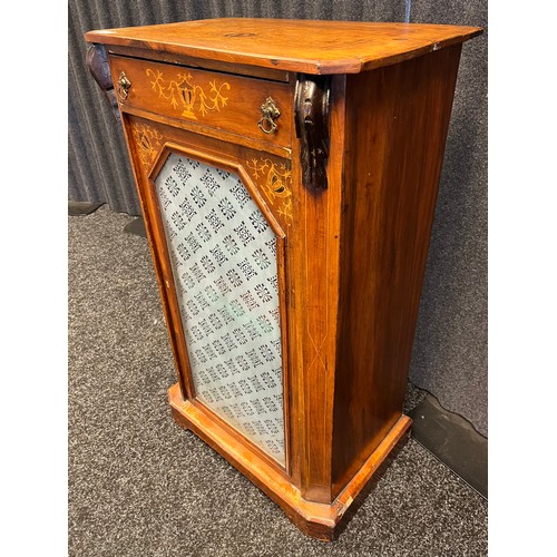 527 - Antique Edwardian music cabinet, urn inlaid top section, glass door front, interior fitted shelves. ... 