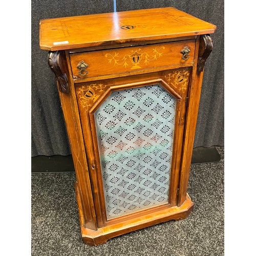 527 - Antique Edwardian music cabinet, urn inlaid top section, glass door front, interior fitted shelves. ... 