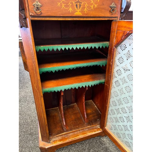 527 - Antique Edwardian music cabinet, urn inlaid top section, glass door front, interior fitted shelves. ... 