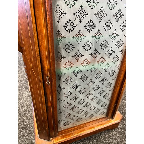 527 - Antique Edwardian music cabinet, urn inlaid top section, glass door front, interior fitted shelves. ... 