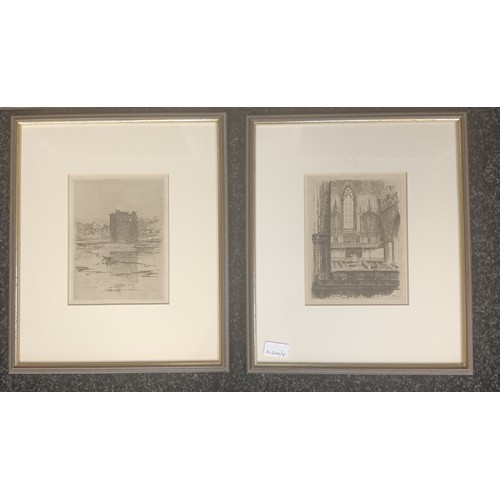 529 - A lot of five etchings  of Stanley Castle, Crookston Castle, Paisley Abbey interior and outside, Per... 