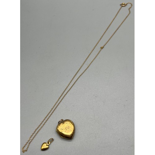 67 - 9ct yellow gold necklace, 9ct gold heart pendant and 9ct gold back and front locket. [9ct gold-1.44g... 