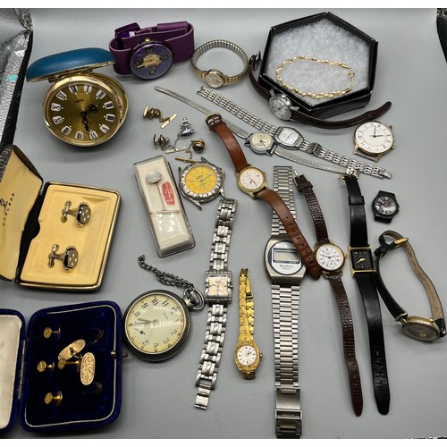 62 - A Collection of mixed watches, cuff links and pins. Watches include makes such as Timex, Sekonda and... 