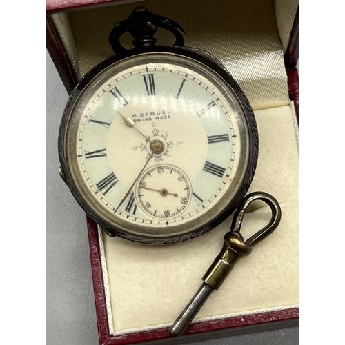 59 - Swiss silver cased fob pocket watch produced by H. Samuel. Comes with a key. [Non Runner]