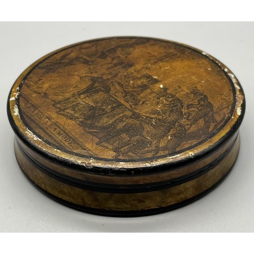 58 - 19th century snuff box, the lid depicting cats and dogs dressed up and eating at a table. [8.5cm dia... 