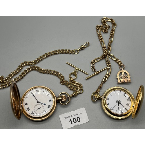 100 - Antique Gold plated pocket watch with modern albert chain, Modern Masonic pocket watch with old gilt... 