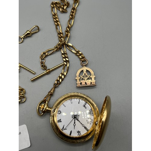 100 - Antique Gold plated pocket watch with modern albert chain, Modern Masonic pocket watch with old gilt... 