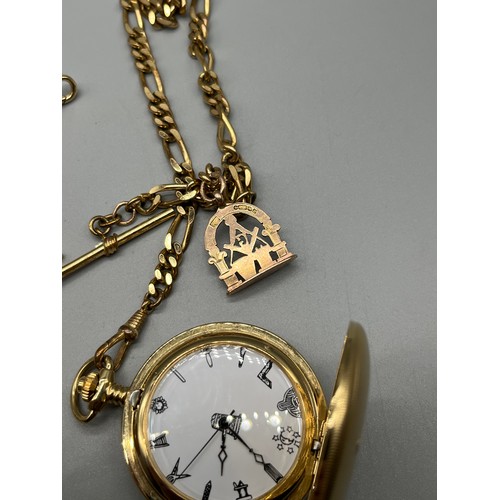 100 - Antique Gold plated pocket watch with modern albert chain, Modern Masonic pocket watch with old gilt... 