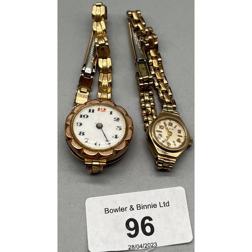 96 - Two 9ct yellow gold cased watches with plated bracelets. [Non Runners]