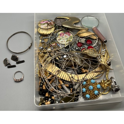 57 - Tray of costume jewellery to include 925 silver ring, silver bangle and Silver 1952 cufflinks with I... 