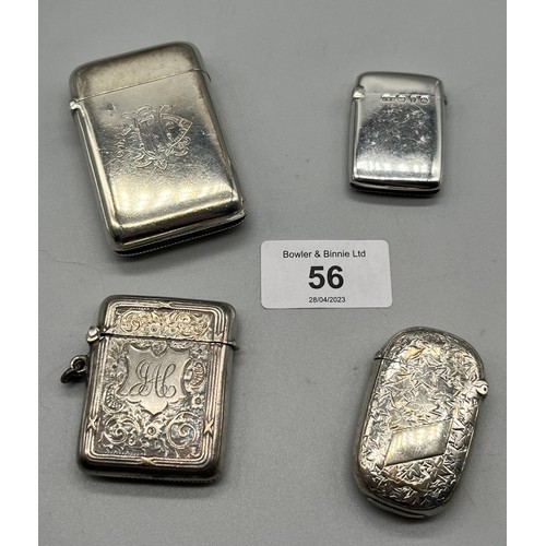 56 - Four silver vesta cases. Birmingham silver large vesta weighs 78grams alone.