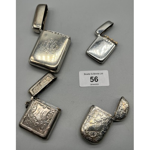 56 - Four silver vesta cases. Birmingham silver large vesta weighs 78grams alone.