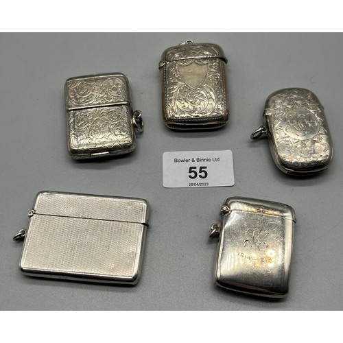 55 - Five various Silver vesta cases. One has a sovereign holder and one has a hole for each match. Three... 