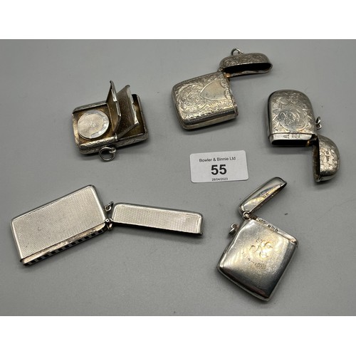 55 - Five various Silver vesta cases. One has a sovereign holder and one has a hole for each match. Three... 