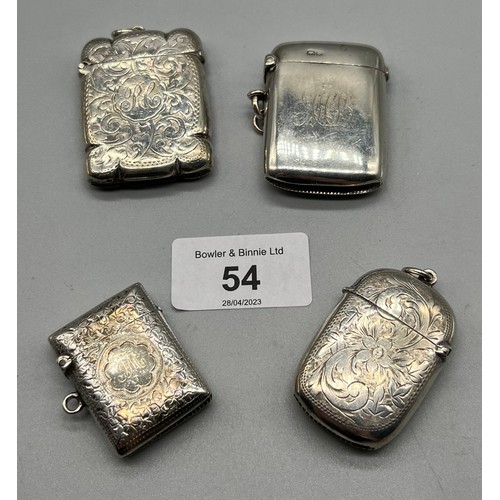 54 - Four silver vesta cases. Three Birmingham silver and one Chester silver.