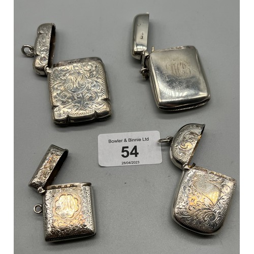 54 - Four silver vesta cases. Three Birmingham silver and one Chester silver.