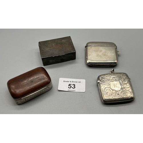 53 - Four silver items. Chester silver pill box with removable silver divider, Two Birmingham silver vest... 