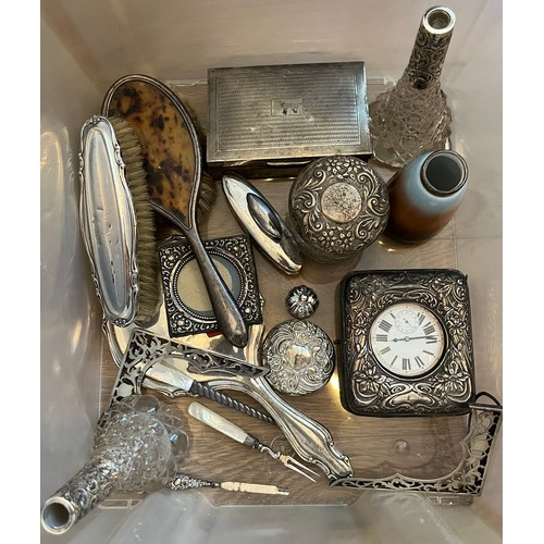 52 - A Box of silver marked items to include cigarette box, photo frame, Travel case containing pocket wa... 