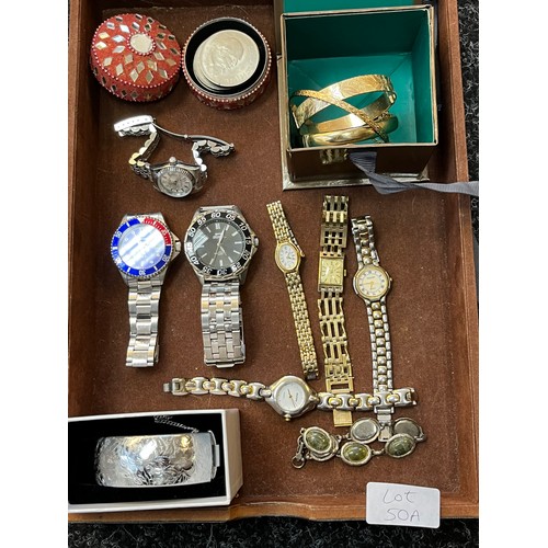 50A - A Tray of costume jewellery bangles. rolled gold bangles and various wrist watches.