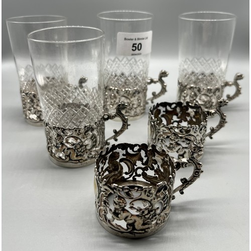 50 - A Set of 6 Birmingham silver ornate cup holders. Includes four crystal glasses. [170grams]