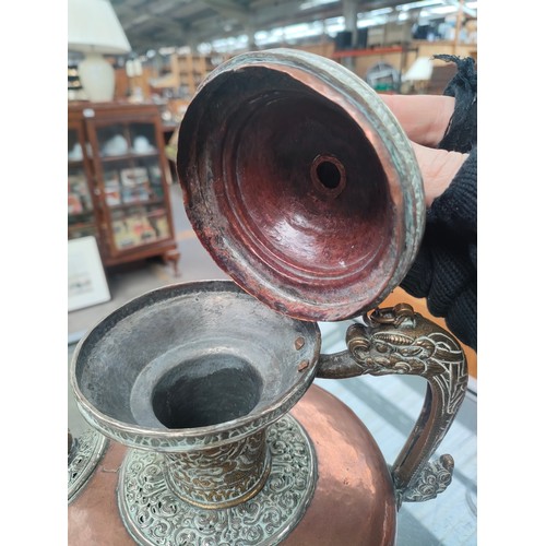 130A - Vintage Brass and Copper Tibetan Tea Pot with Asian Dragon Motif