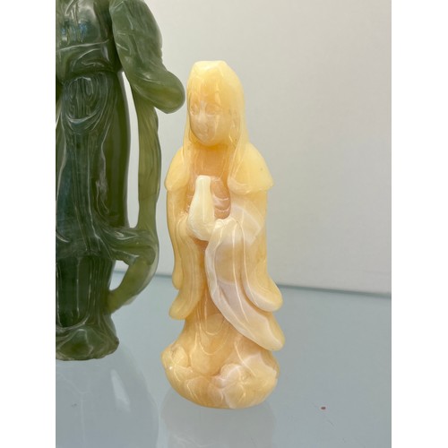 51 - Chinese hand carved green jade sculpture of a geisha together with a cream soapstone style buddha fi... 