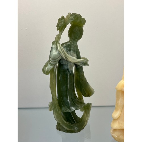 51 - Chinese hand carved green jade sculpture of a geisha together with a cream soapstone style buddha fi... 