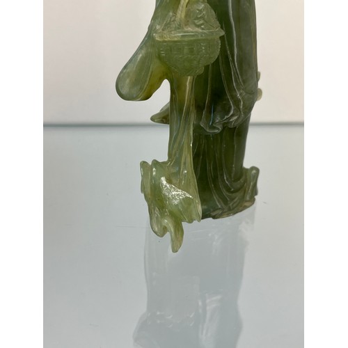 51 - Chinese hand carved green jade sculpture of a geisha together with a cream soapstone style buddha fi... 