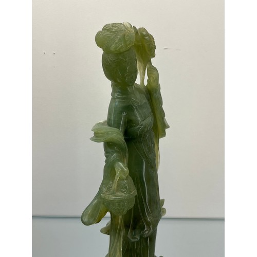 51 - Chinese hand carved green jade sculpture of a geisha together with a cream soapstone style buddha fi... 